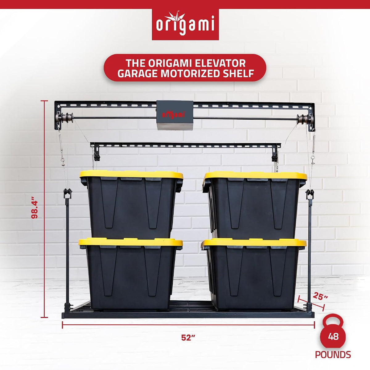 Motorized Ceiling Storage Rack, 52 X 25 Inch, 250 Lb Lift Capacity