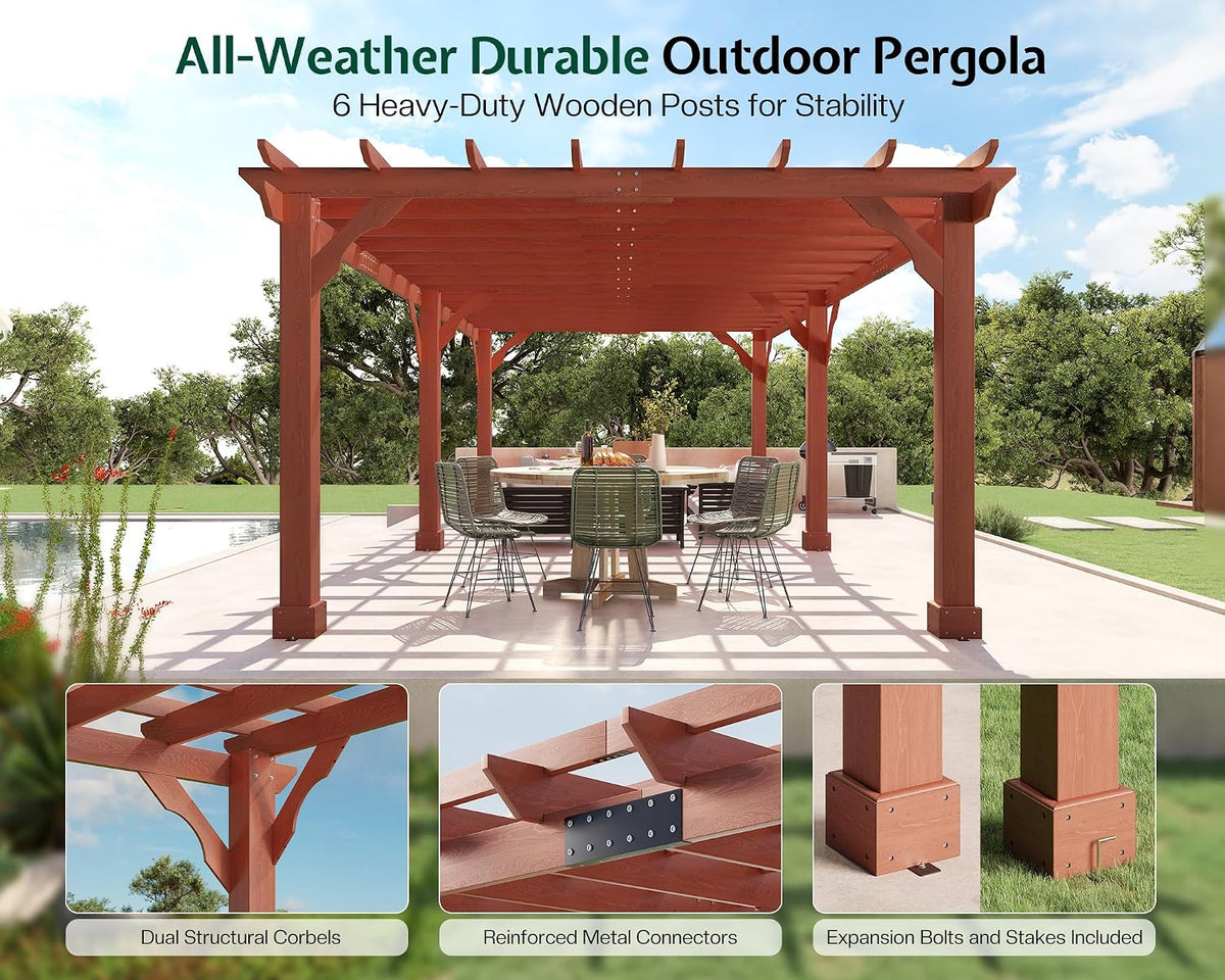 12X24 FT Premium Cedar Wood Pergola with Trellis Roof & Stakes