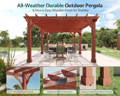 12X24 FT Premium Cedar Wood Pergola with Trellis Roof & Stakes