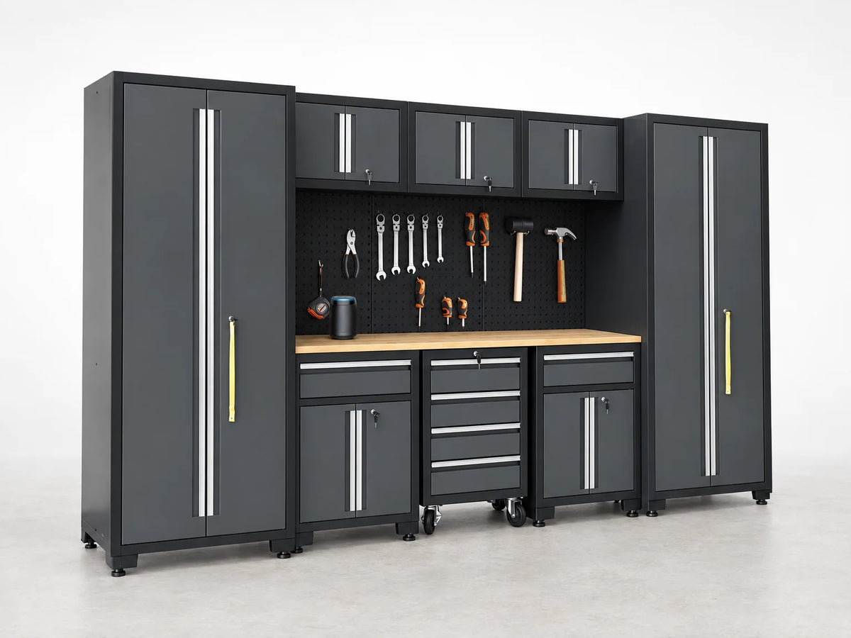 9-Piece Garage Shop Tool Storage Cabinet Set with Pegboard and Wooden Work Top 24 Gauge Steel Tool Chests & Garage Mounted Storage Systems - Black+Gray — Studio Shot